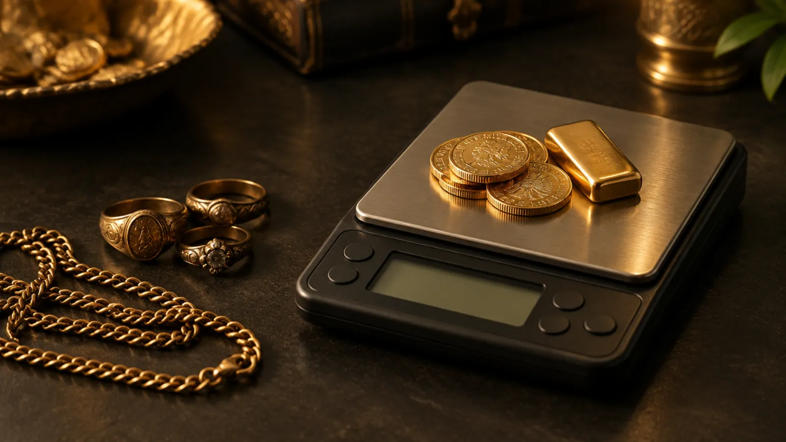 Feinwaage mit Goldmünzen und kleinem Goldbarren neben altem Goldschmuck