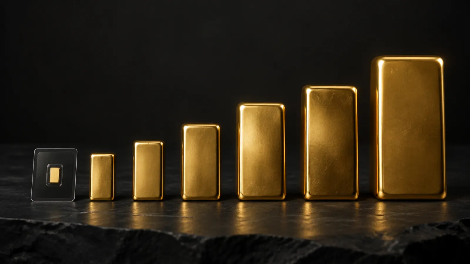 Goldbarren in aufsteigender Größe von 1 Gramm bis 1 Kilogramm auf dunklem Stein