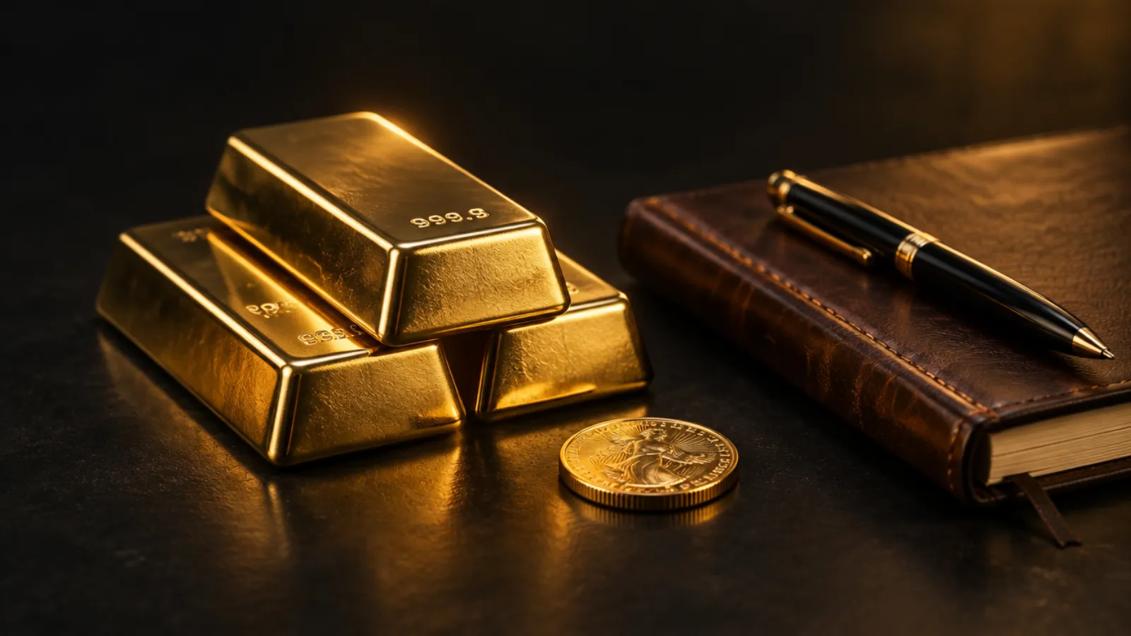 Gestapelte Feingoldbarren neben einer Goldmünze und einem Notizbuch auf dunklem Untergrund