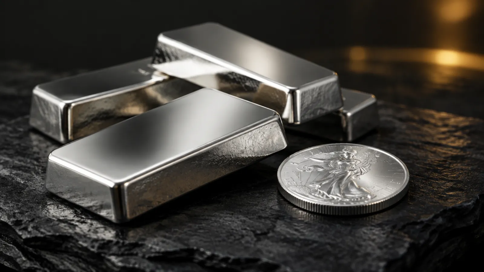 Polierte Platinbarren und eine Platinmünze auf dunklem Schiefer